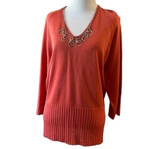 D.F.A. NEW YORK V-NECK SWEATER WITH ATTACHED CHAIN EMBELLISHMENT SIZE LARGE
